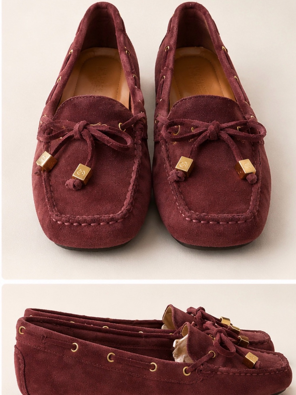 Michael Kors Burgundy Suede Bow Moccasins with Gold Accents